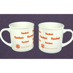 Set of 2 Hardees Caution! Contents Hot Coffee Cup Mug White Orange